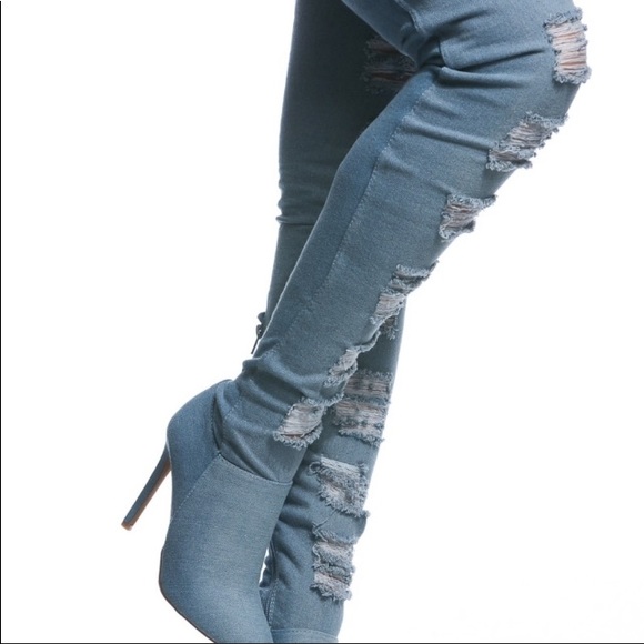 New Blue jean distressed thigh high boots - Picture 4 of 7